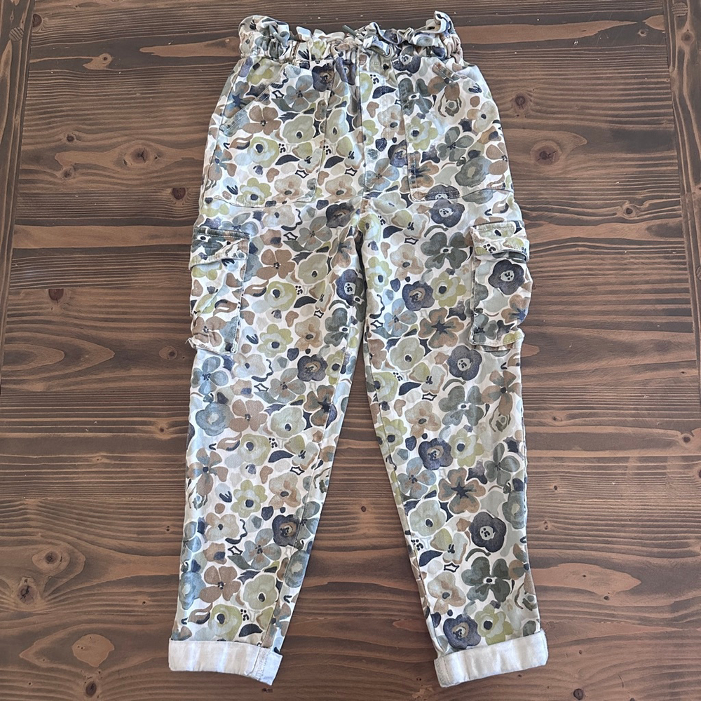 Free Assembly Girls Cargo Pants M 7/8 Floral Green Drawstring